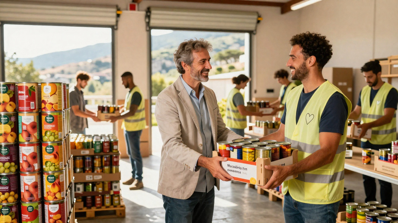 Voluntários em colete a organizar e distribuir alimentos enlatados num armazém iluminado.
