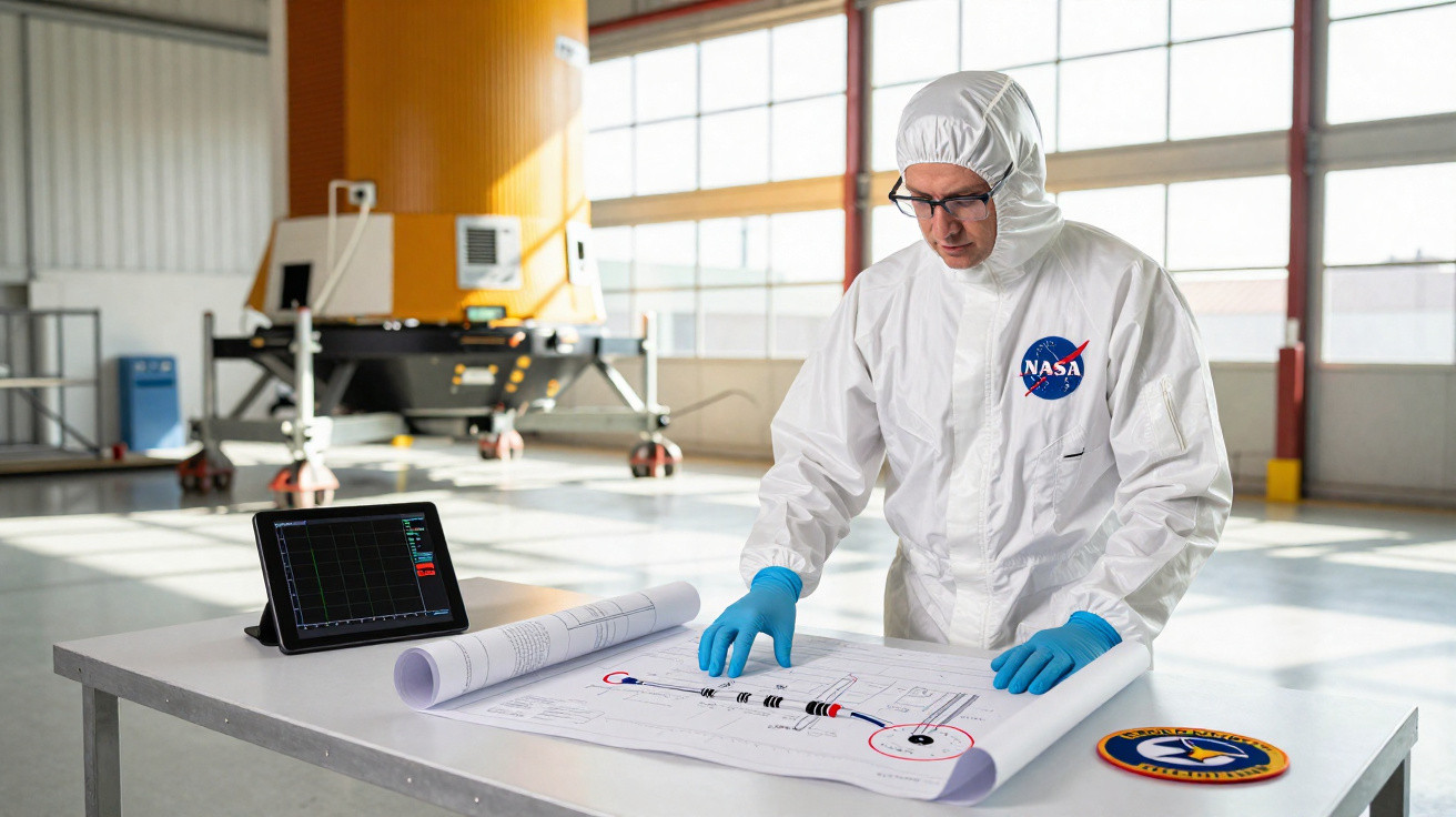 Cientista da NASA em roupa protetora analisando planos numa bancada num laboratório espaçoso e iluminado.