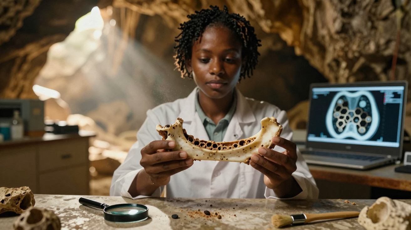 Cientista em laboratório subterrâneo analisa osso fossilizado com buracos, com radiografia no computador ao fundo.