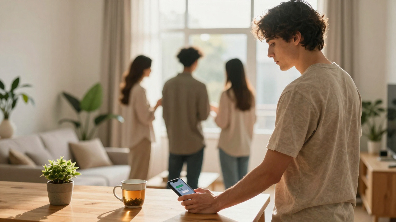 Jovem usa telemóvel enquanto três pessoas conversam em sala com luz natural e plantas.