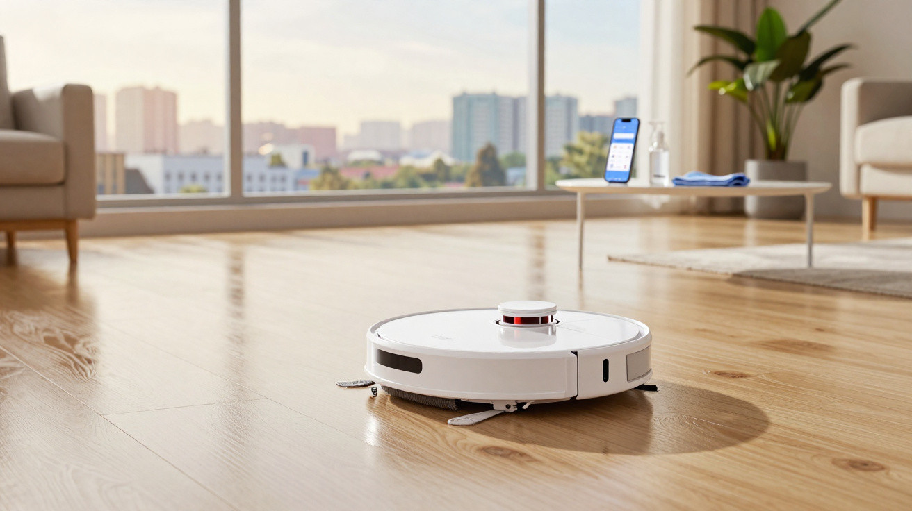 Robot aspirador branco a limpar chão de madeira numa sala moderna com móveis claros.