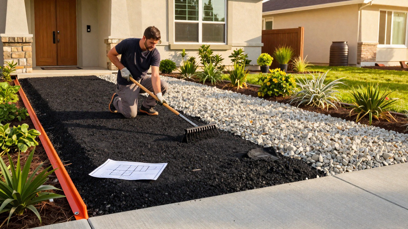 Homem a usar abanador para nivelar cascalho preto junto a caminho de pedras brancas numa casa moderna.