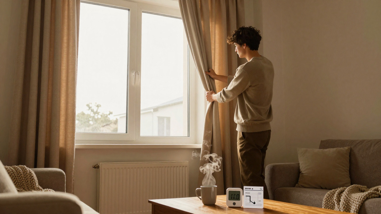 Homem a abrir cortinas numa sala iluminada com sofá, mesa de madeira e chá quente a vaporizar.