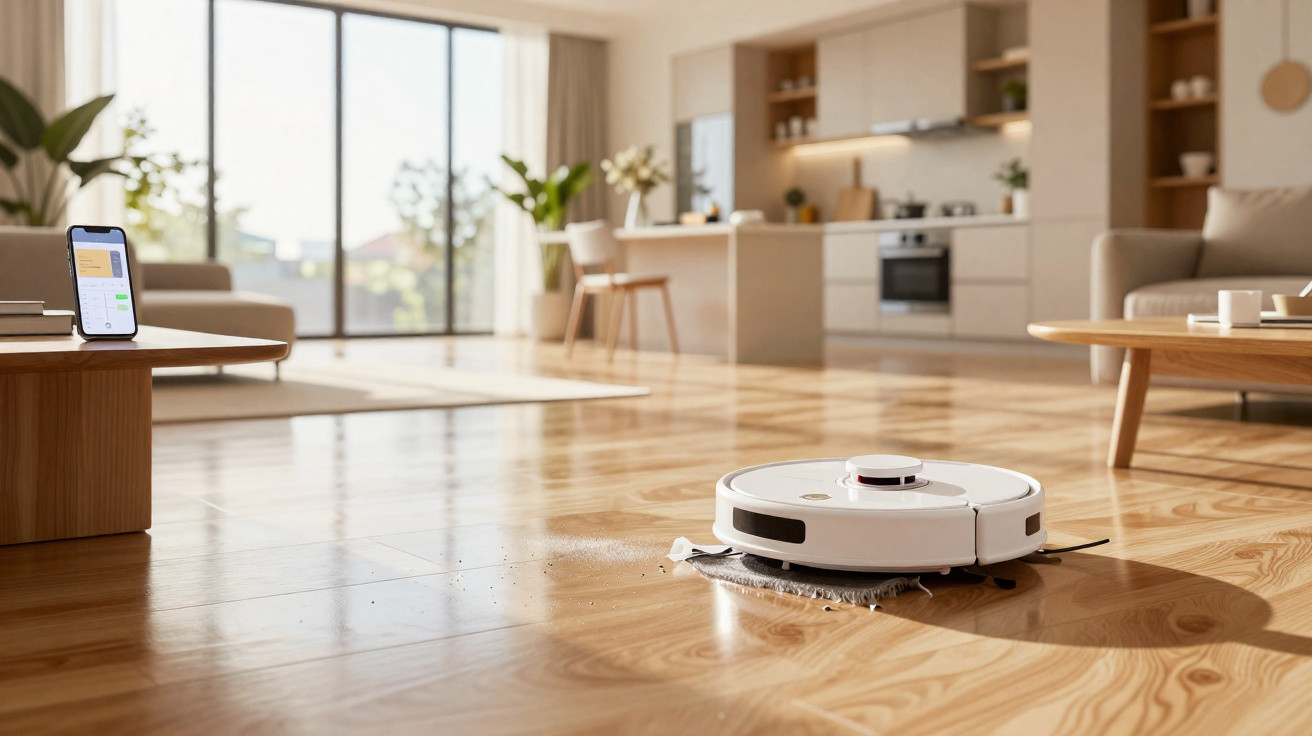 Robô aspirador branco a limpar chão de madeira numa sala moderna com luz natural.