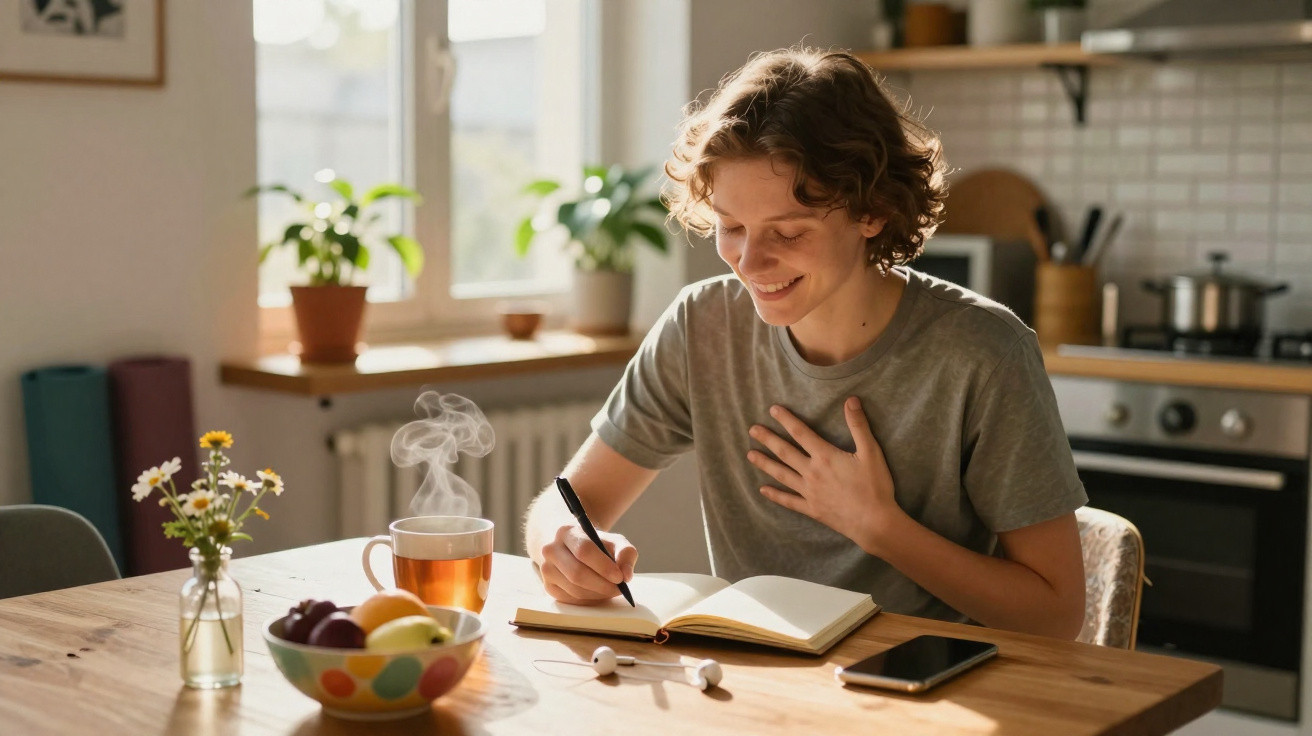 Pessoa sorridente a escrever num caderno numa cozinha, com chá quente, frutas e telemóvel na mesa.
