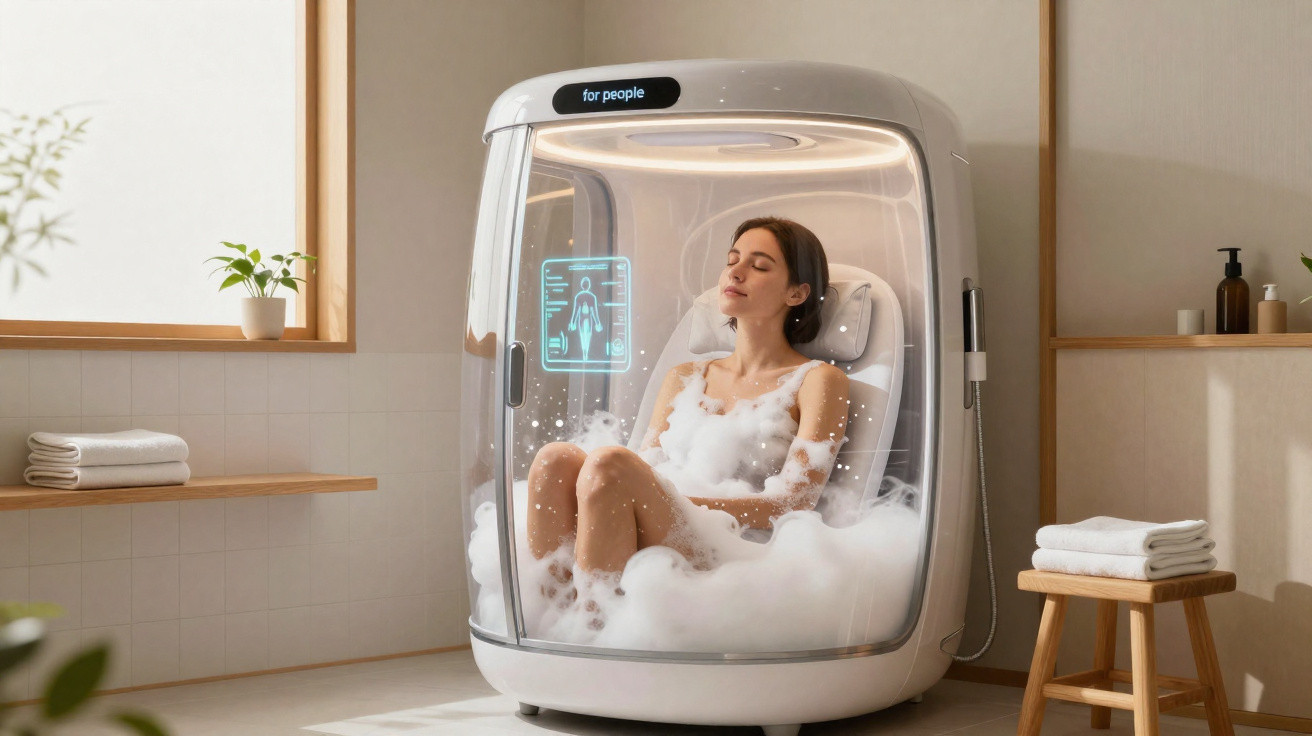 Mulher relaxa dentro de cápsula de spa futurista rodeada de espuma branca num ambiente minimalista.