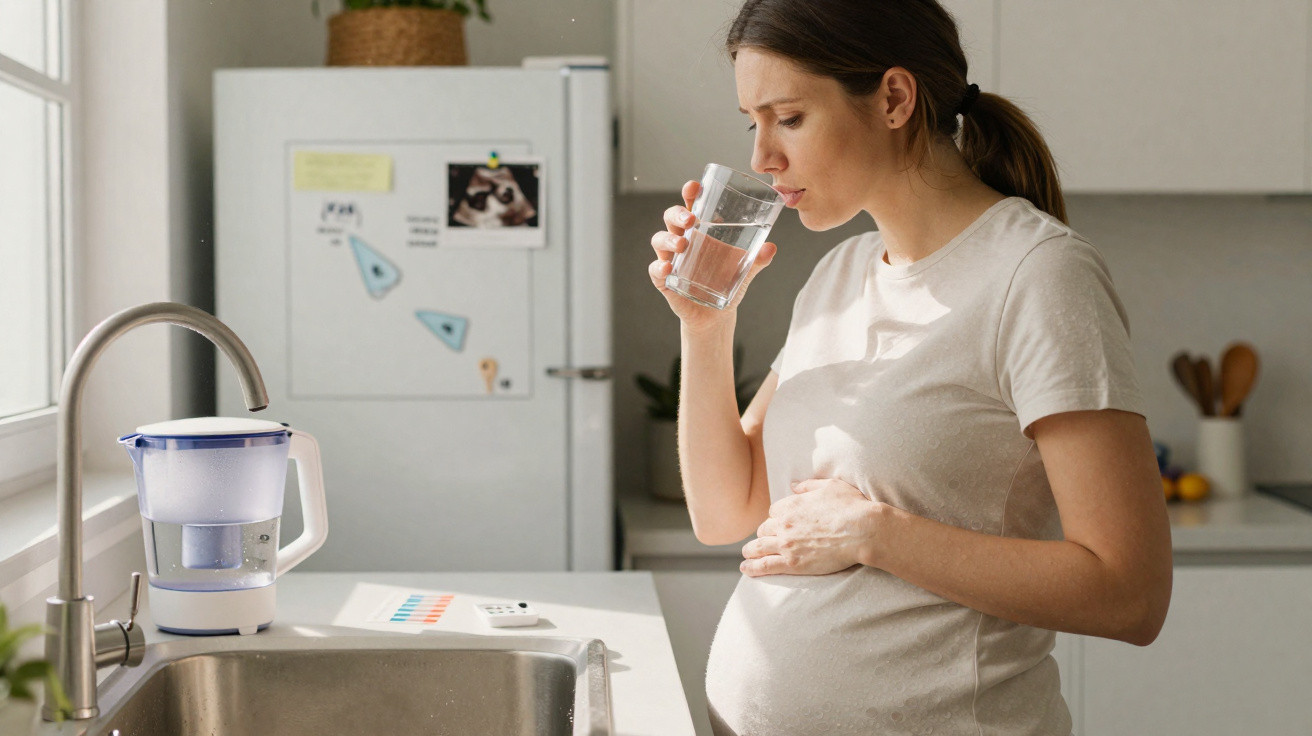 Mulher grávida a beber um copo de água na cozinha, segurando a barriga com a outra mão.