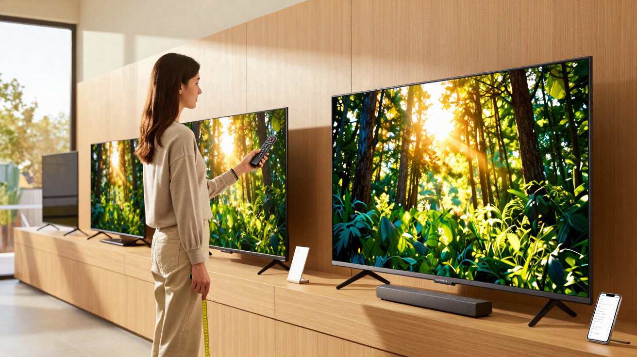 Mulher a testar televisores expostos que mostram floresta iluminada pelo sol numa loja moderna.