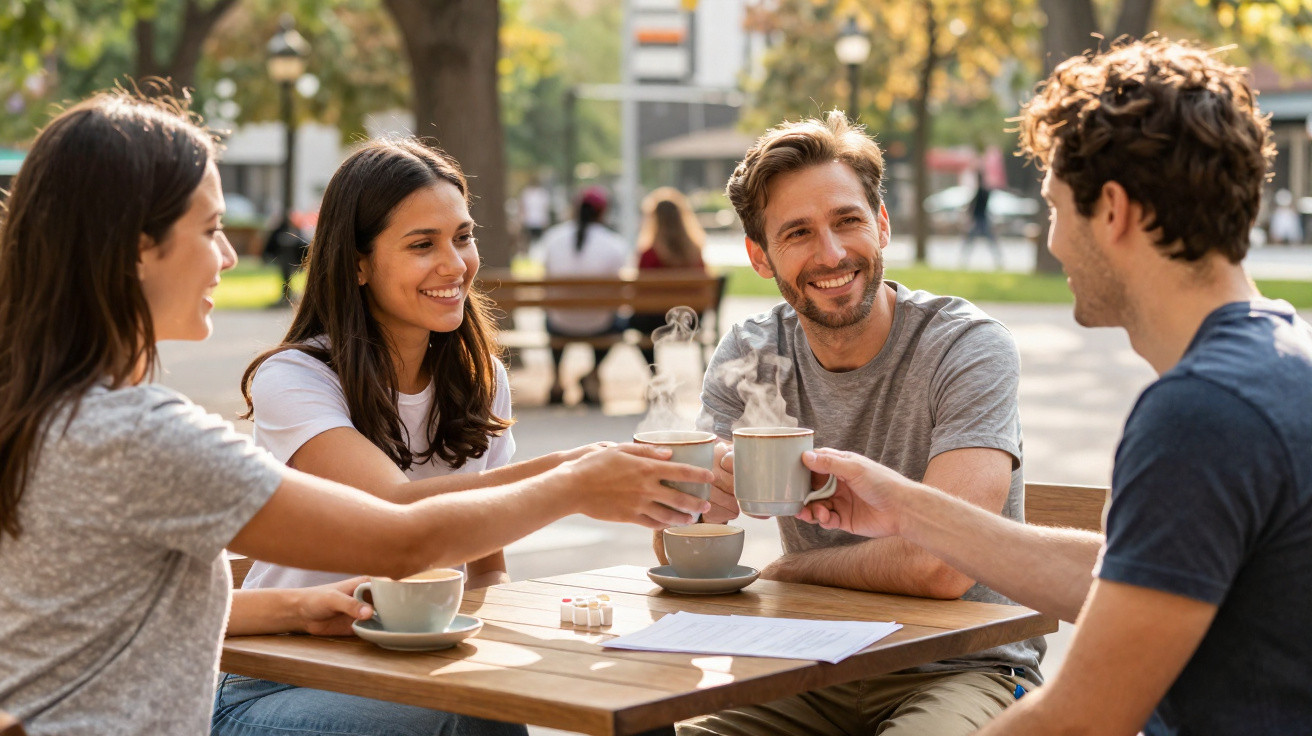 Quatro amigos sentados numa esplanada, brindando com chá ou café, sorrindo em dia soalheiro.
