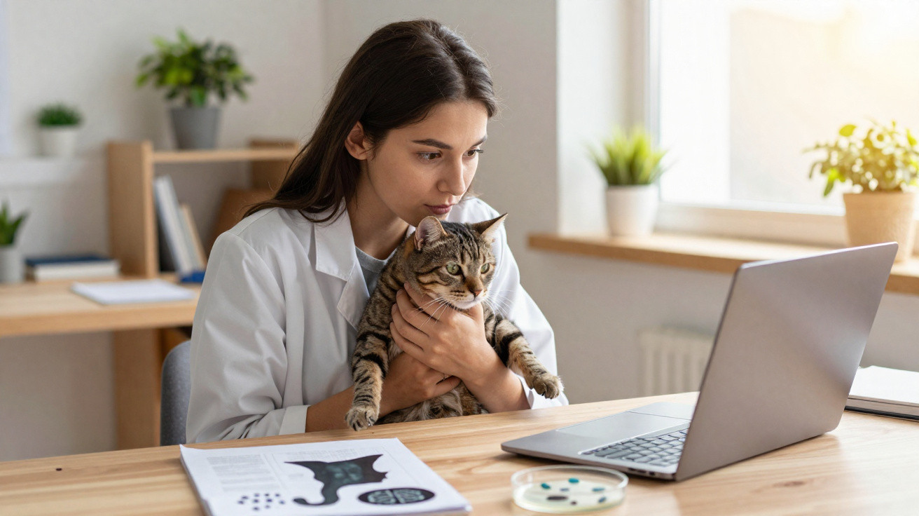 Mulher veterinária segura gato junto a computador e documentos numa clínica iluminada e organizada.