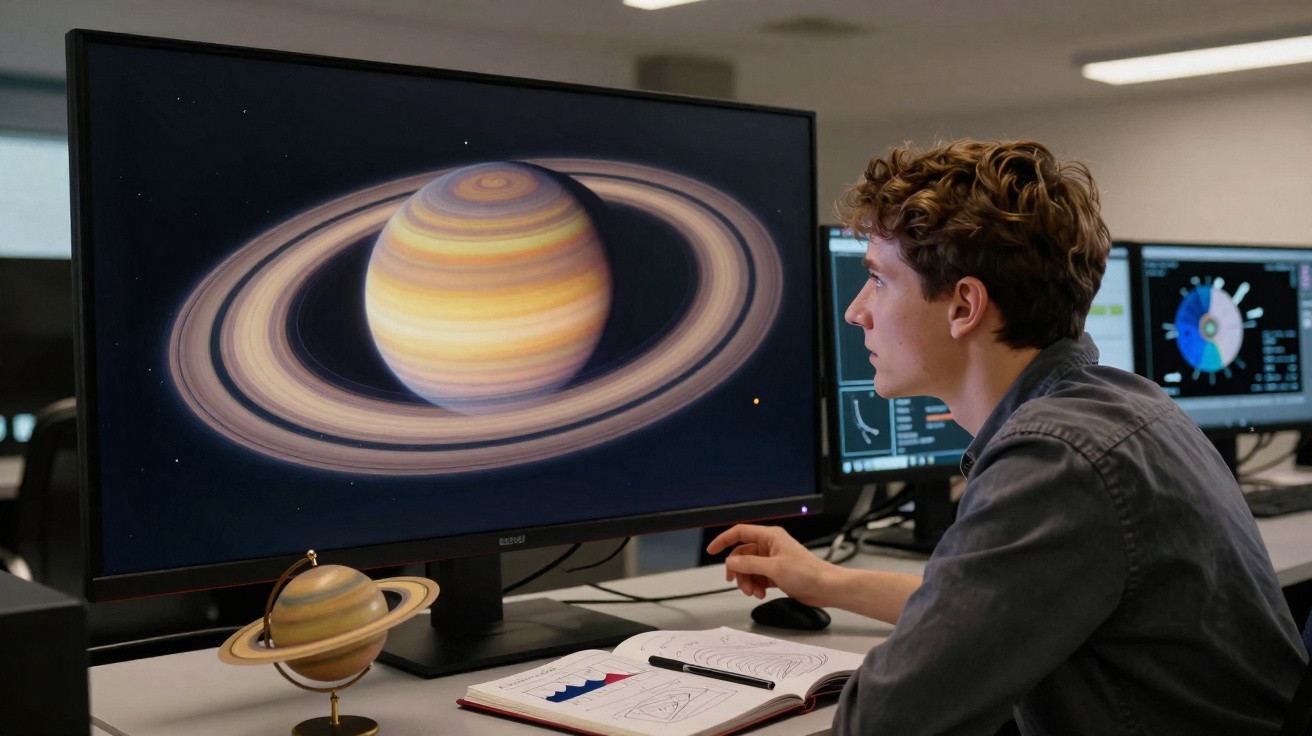 Jovem a estudar imagem de Saturno num ecrã com modelo do planeta e livro aberto numa mesa.