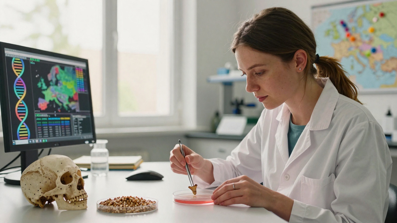 Investigadora em bata branca analisando amostra em placa de Petri num laboratório com crânio e monitor de DNA.