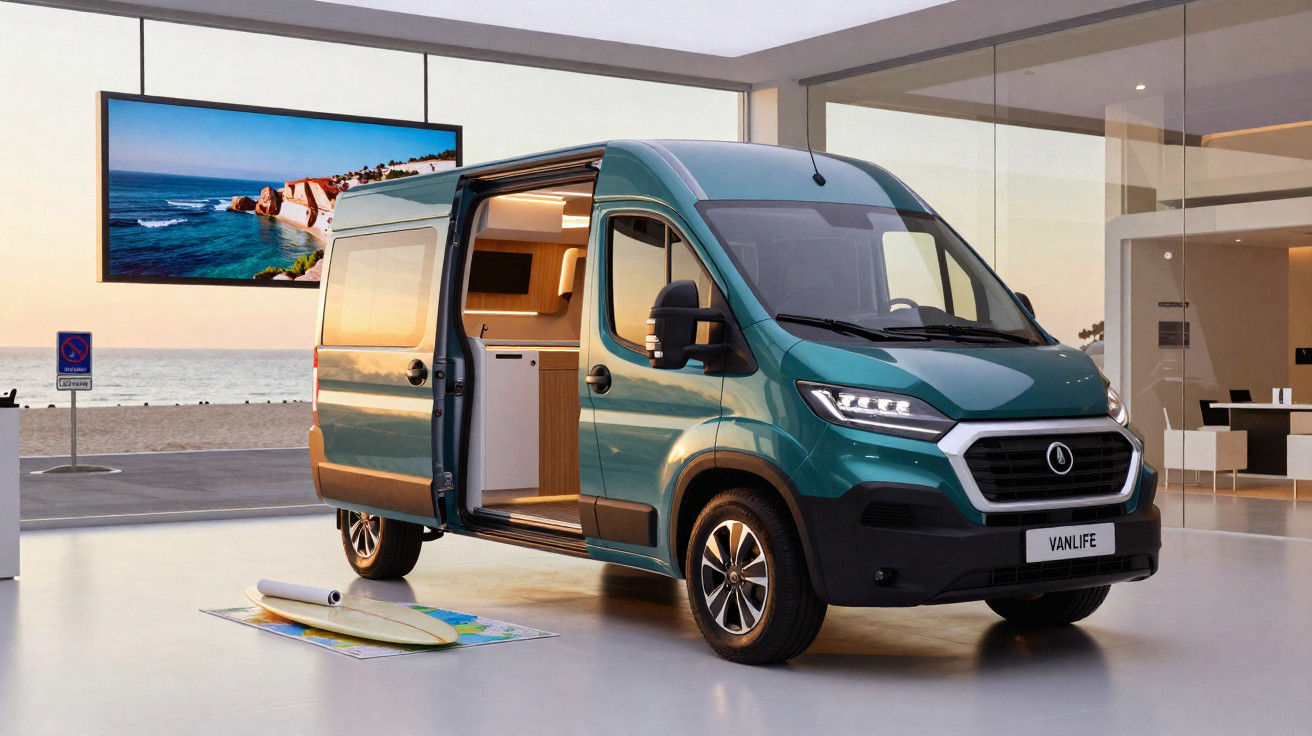 Carrinha verde estacionada em showroom junto à praia, com porta lateral aberta e prancha de surf no chão.