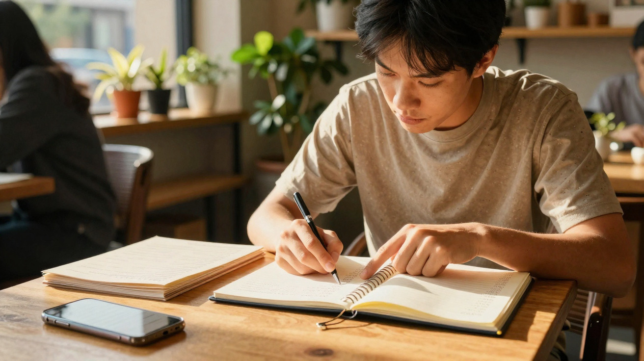 Jovem a escrever num caderno aberto numa mesa de madeira, com agenda e smartphone ao lado.