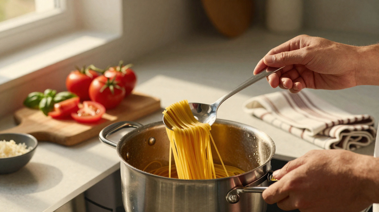 Mãos a retirar esparguete cozido de panela com colher em cozinha, tomate e manjericão ao fundo.
