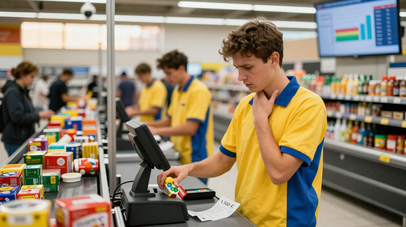 Jovem operador de caixa a registar compras em supermercado com clientes e colegas ao fundo.