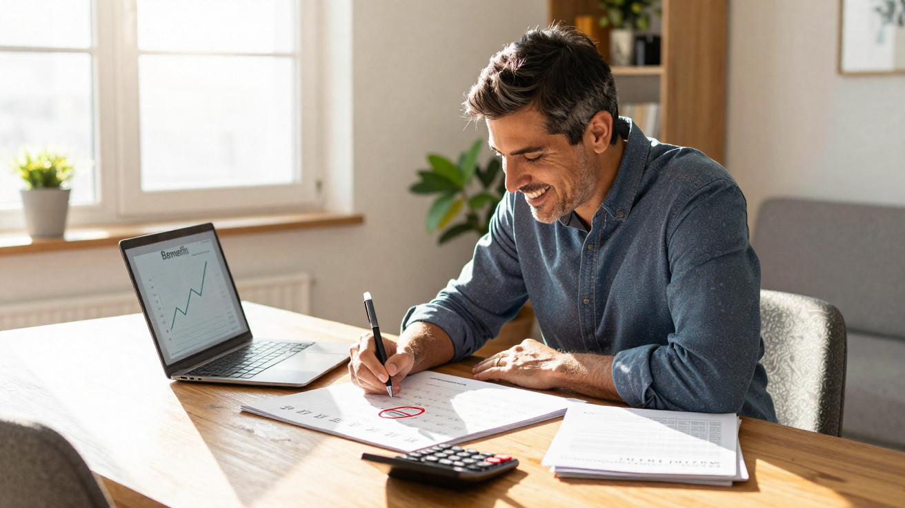 Homem sorridente a fazer anotações em gráfico de gestão com portátil e calculadora numa mesa clara.