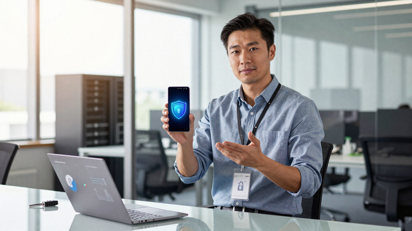 Homem em escritório mostra telemóvel com ícone de segurança digital no ecrã.