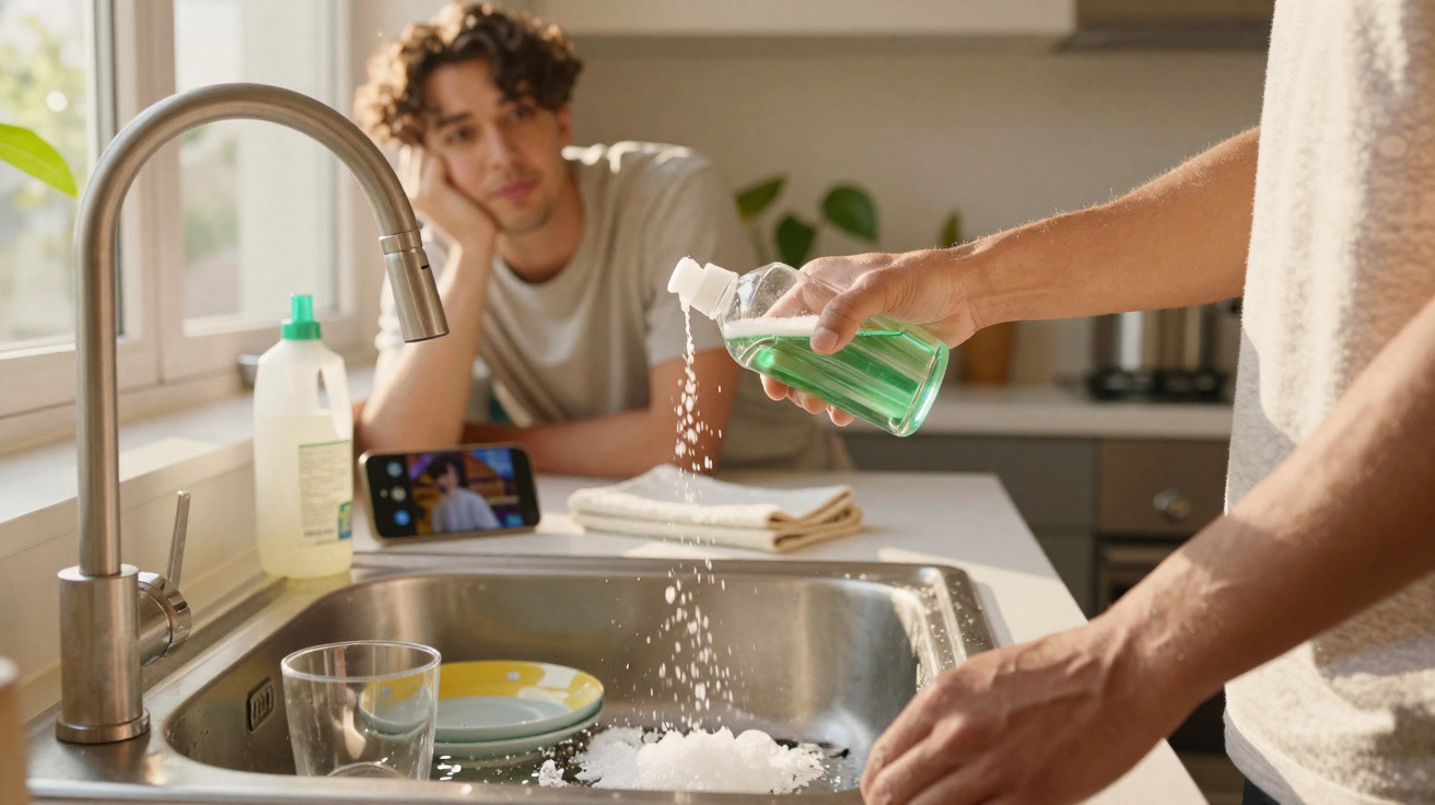 Pessoa a polvilhar detergente em pó na pia da cozinha enquanto outra observa desanimada.