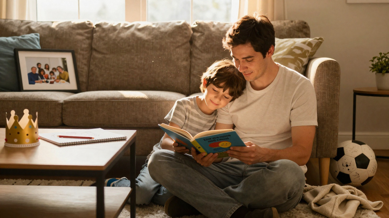 Pai e filho sentados no chão da sala a lerem um livro juntos, com bola e objetos ao redor.