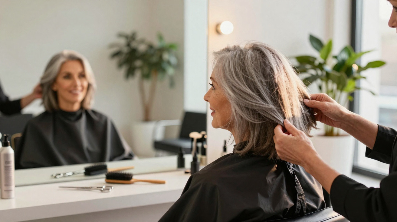 Mulher idosa com cabelo grisalho a ser penteada num salão de beleza com ambiente iluminado.
