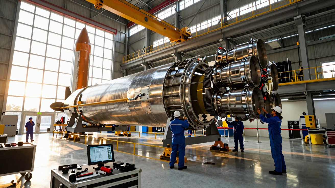 Técnicos inspecionam grande componente metálico de foguetão numa hangar com equipamento ao redor.