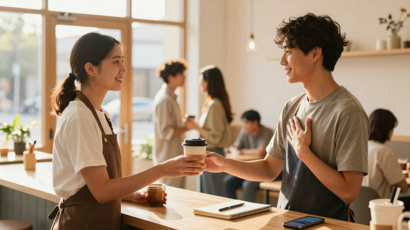 Barista entrega café para jovem sorridente num café com luz natural e clientes ao fundo.