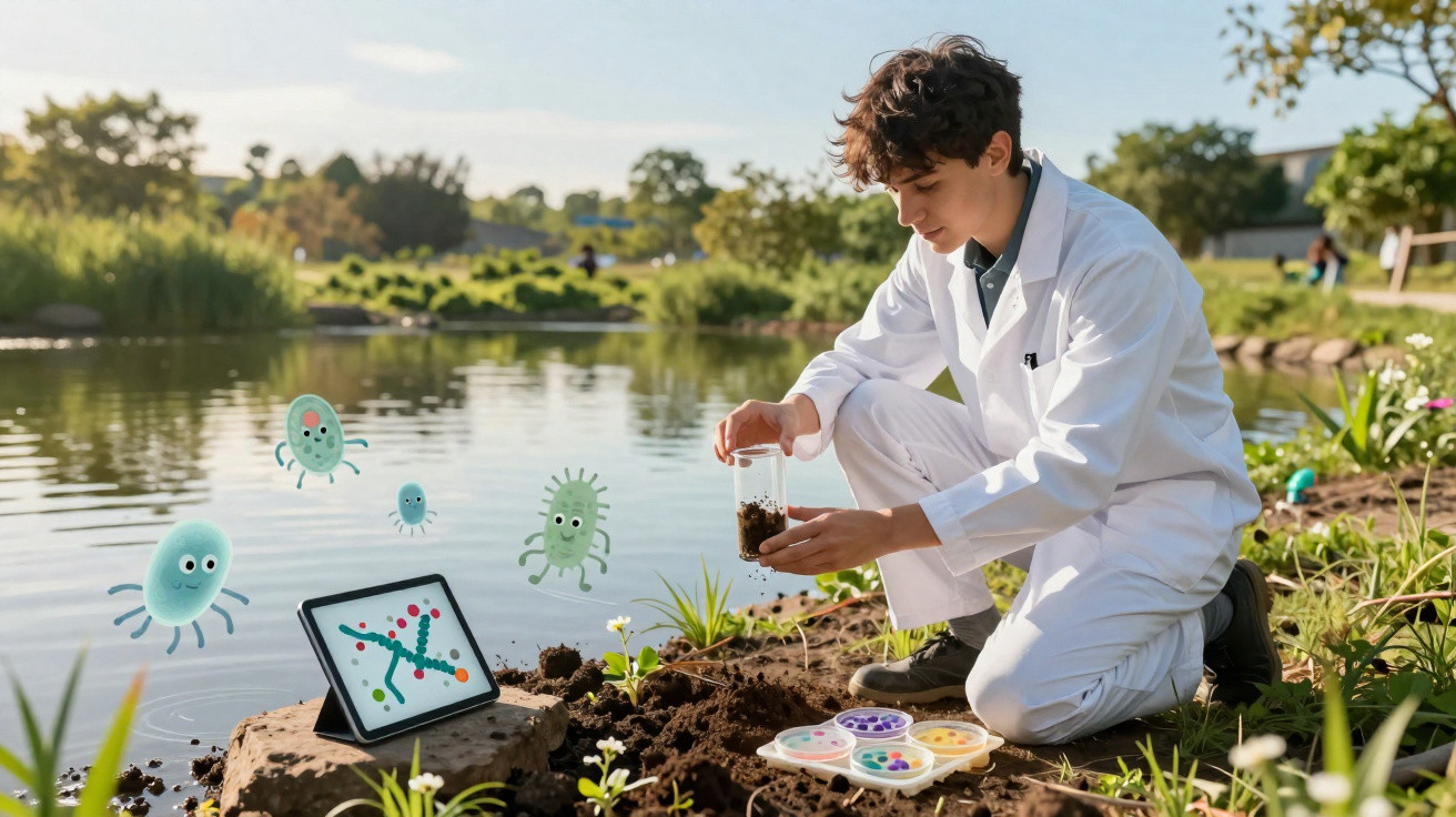 Cientista jovem analisa amostras de solo junto a um lago, com ilustrações digitais de micro-organismos.