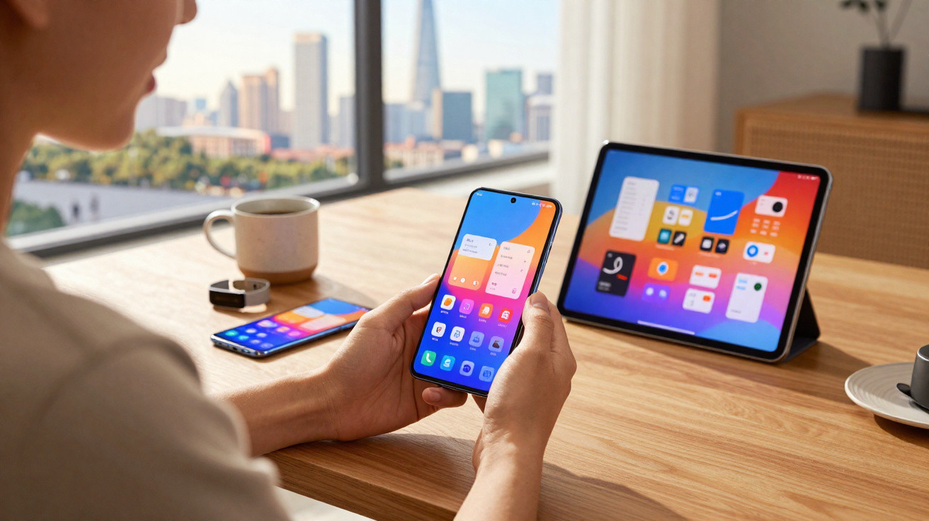 Pessoa a usar smartphone com tablet e smartphone sobre mesa de madeira perto de janela com vista urbana.