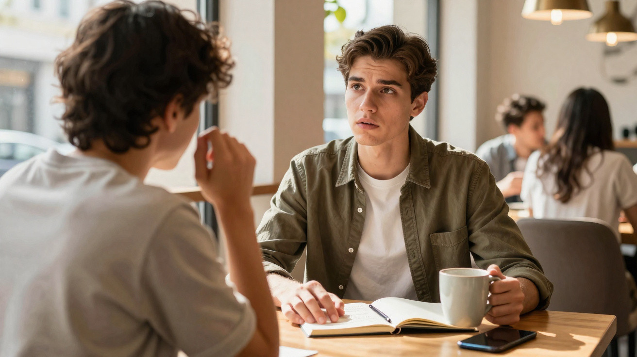 Dois jovens sentados num café a conversar, com caderno e chá na mesa à luz natural.