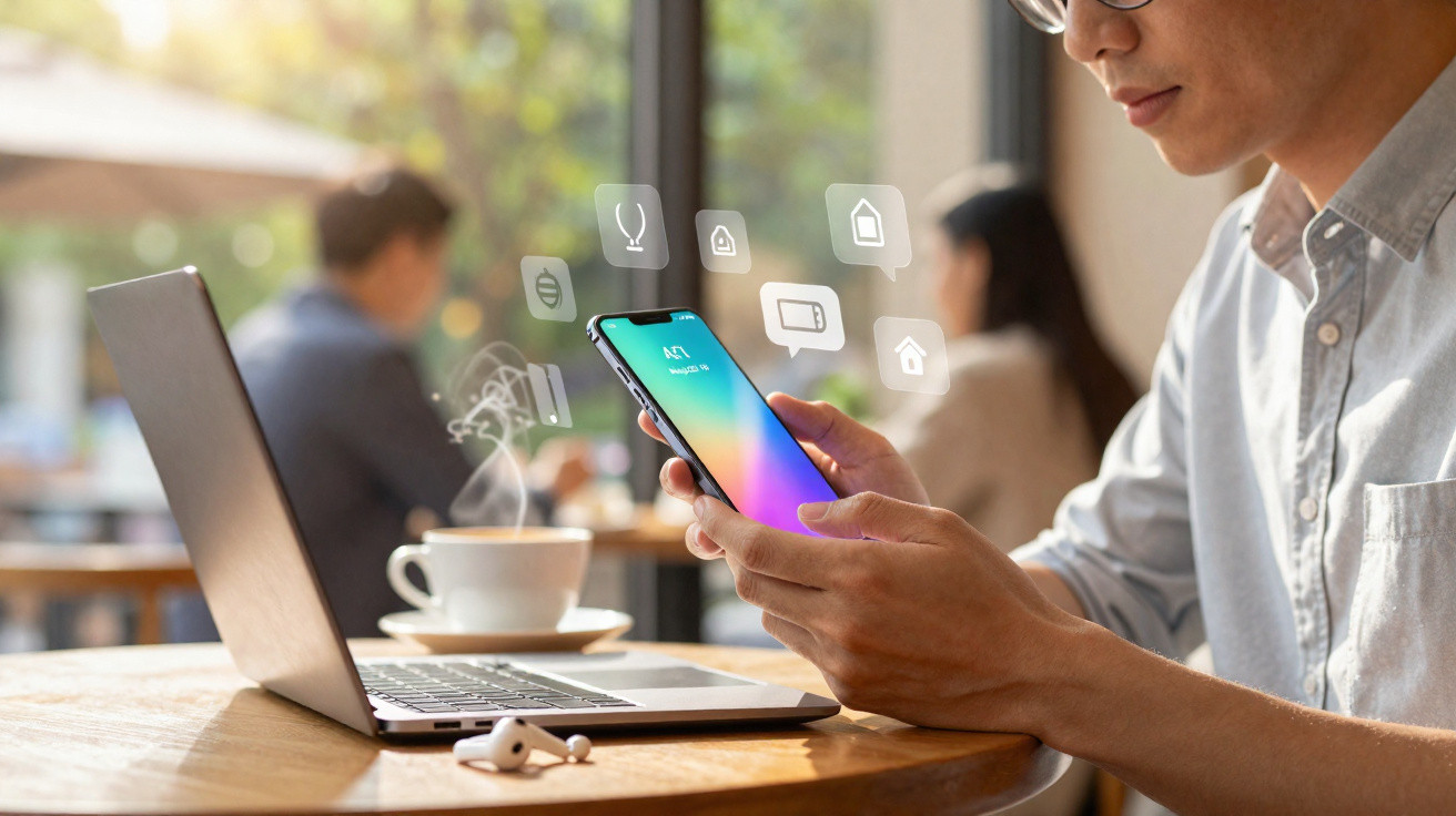 Pessoa a usar smartphone com laptop e ícones digitais num café luminoso.