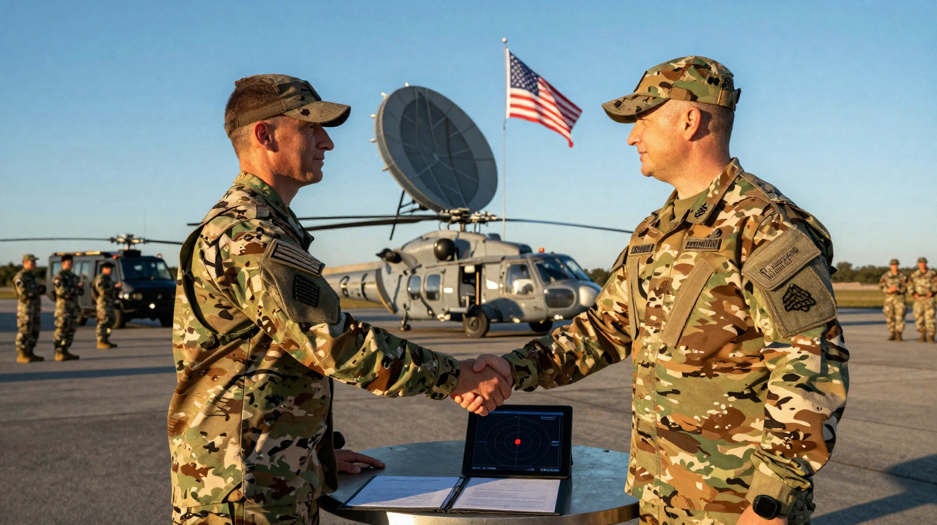 Dois soldados dos EUA em uniforme camuflado apertam as mãos diante de helicóptero e bandeira americana ao fundo.
