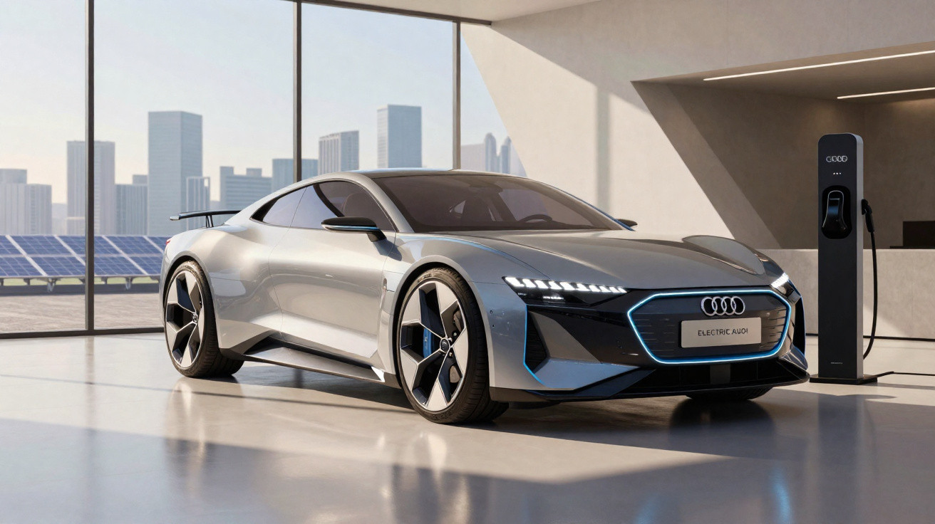 Carro elétrico Audi prata a ser carregado numa estação de carregamento interior com vista para uma cidade.
