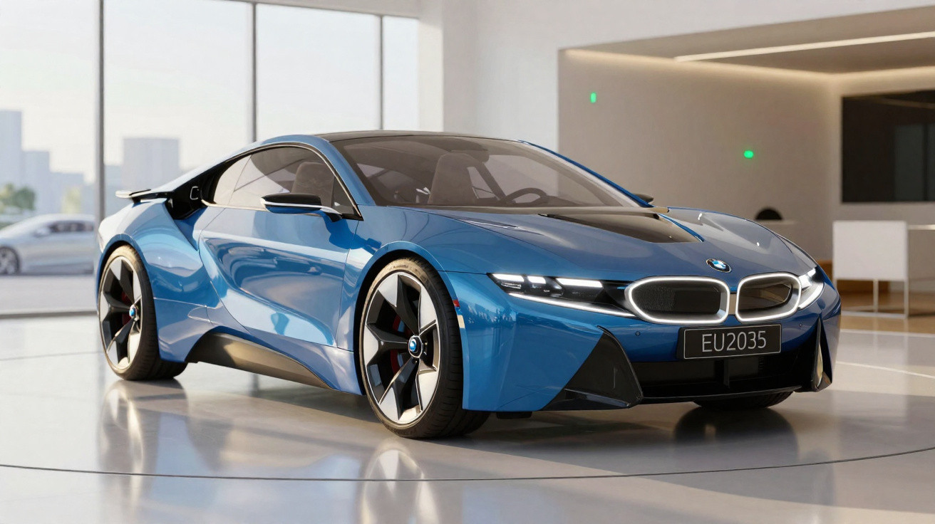 Carro desportivo eléctrico azul da BMW estacionado num showroom moderno com janelas amplas.