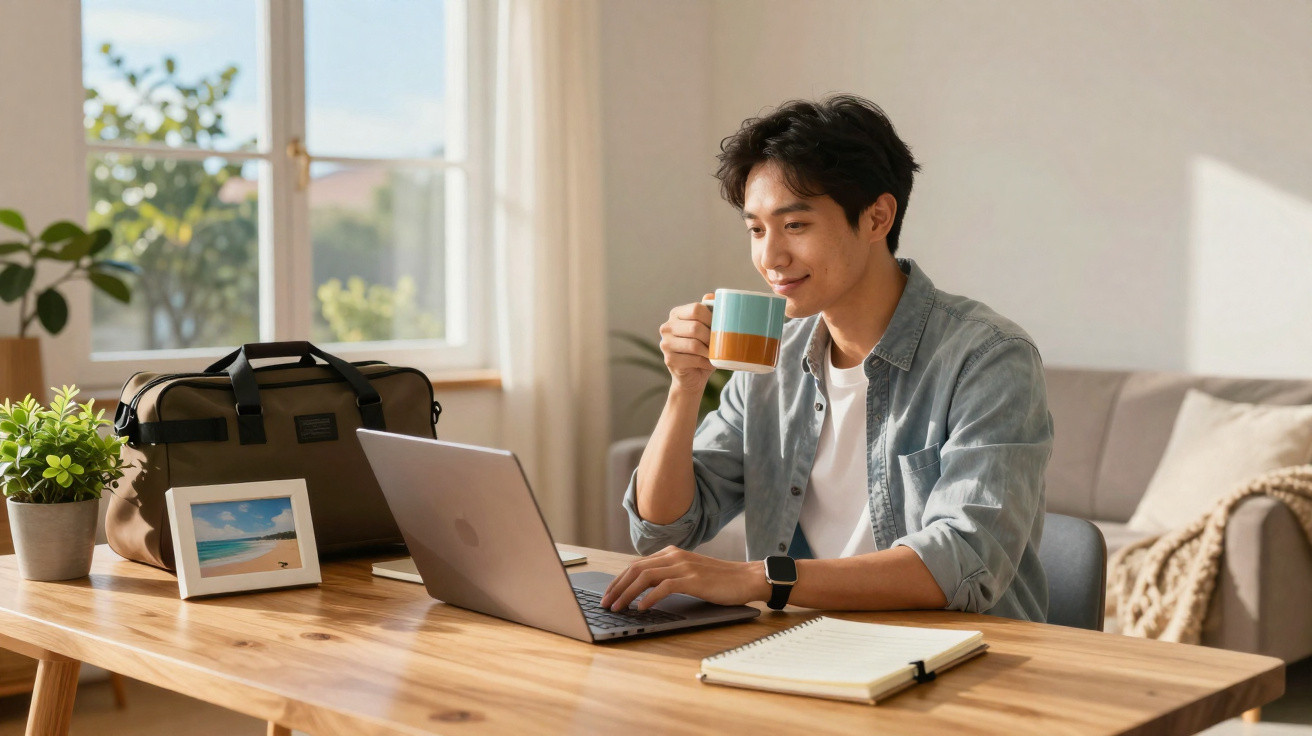 Homem jovem a trabalhar num computador portátil enquanto bebe café num ambiente luminoso e confortável.