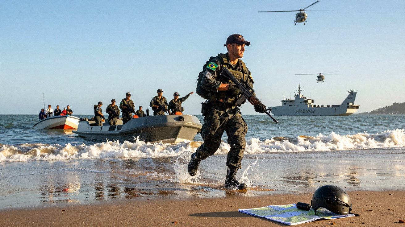 Soldado armado em patrulha marítima a correr na praia com embarcações, helicópteros e navio ao fundo.