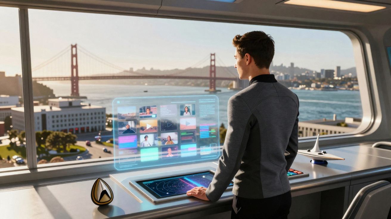 Jovem a interagir com interface digital futurista numa sala com vista para a ponte Golden Gate em São Francisco.