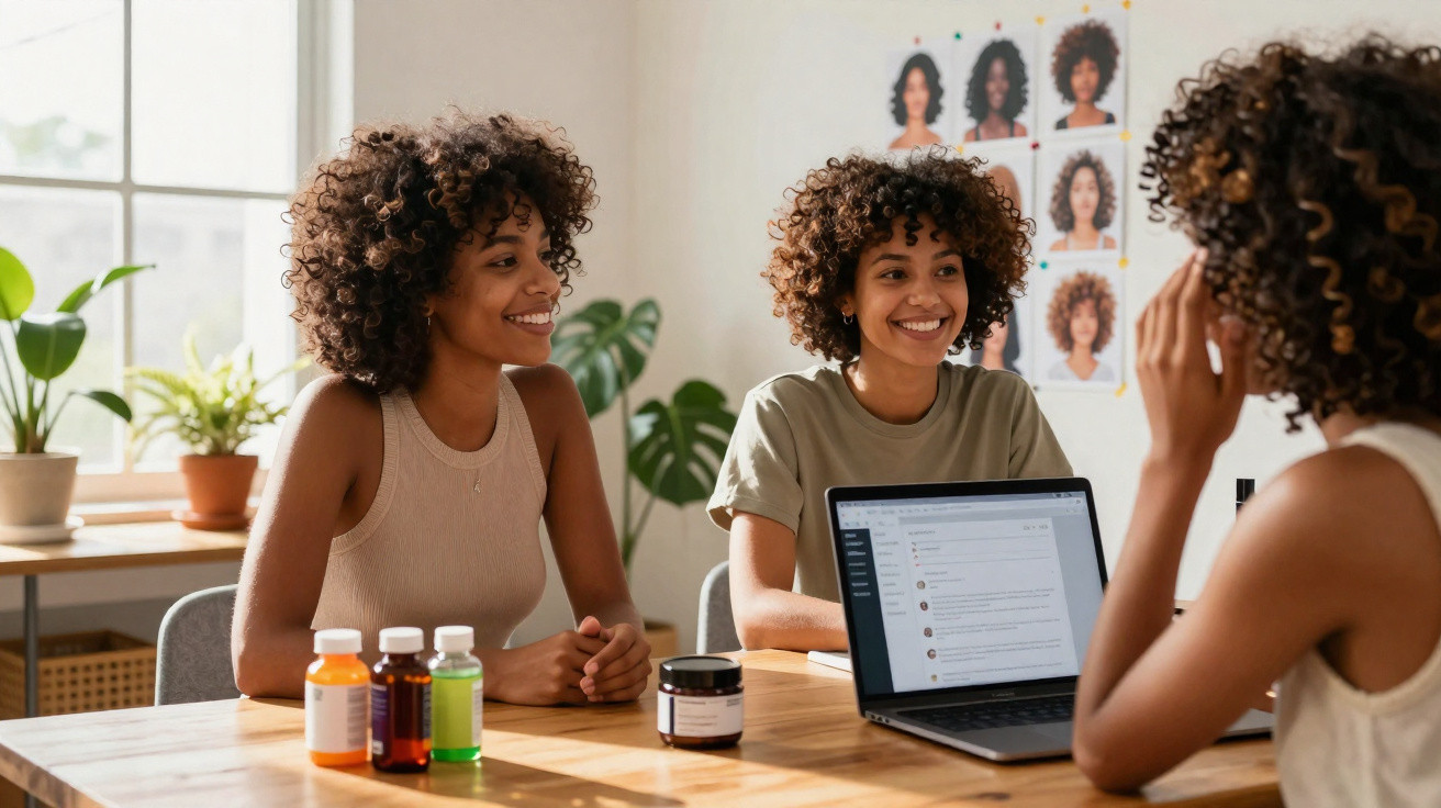 Três mulheres sorridentes sentadas à mesa com frascos de produtos e um portátil numa sala iluminada por janela.