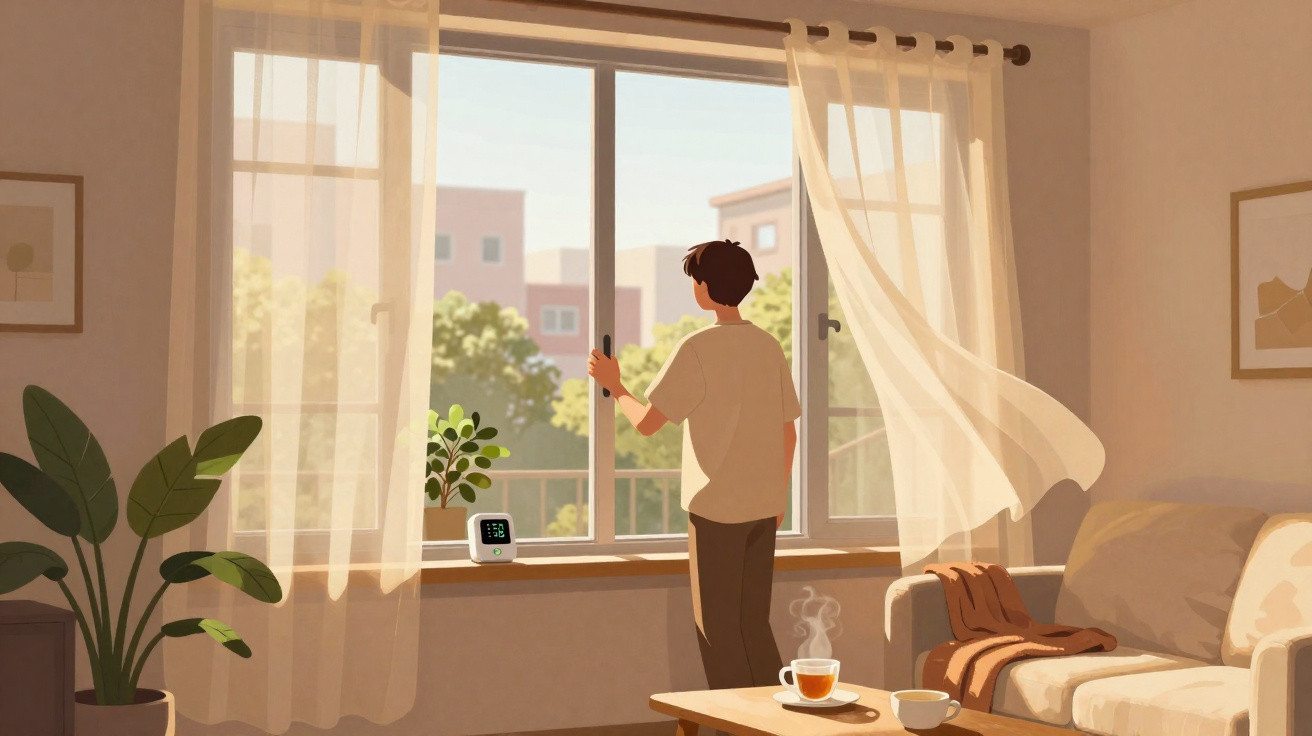 Pessoa a abrir uma janela num quarto iluminado pelo sol, com plantas e chá quente numa mesa de madeira.