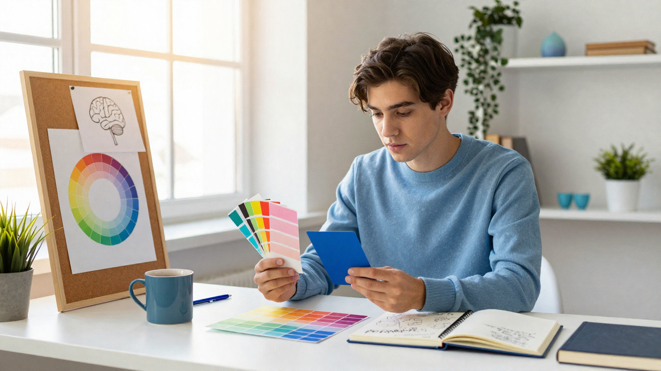 Jovem sentado a avaliar amostras de cores numa mesa de escritório iluminada, com gráficos e plantas.