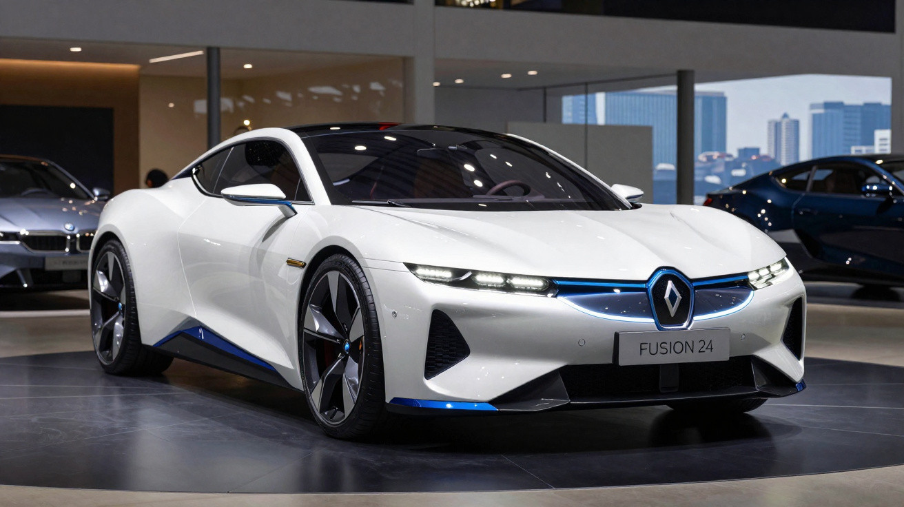 Desportivo elétrico branco Renault Fusion 24 exibido em salão automóvel moderno com luzes LED.