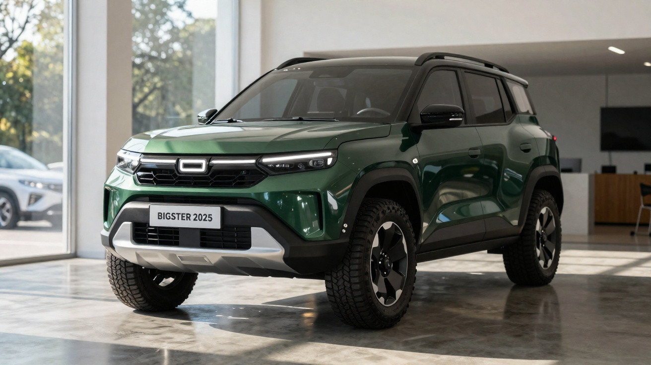 SUV Bigster 2025 verde estacionado em ambiente interior moderno com janelas grandes.