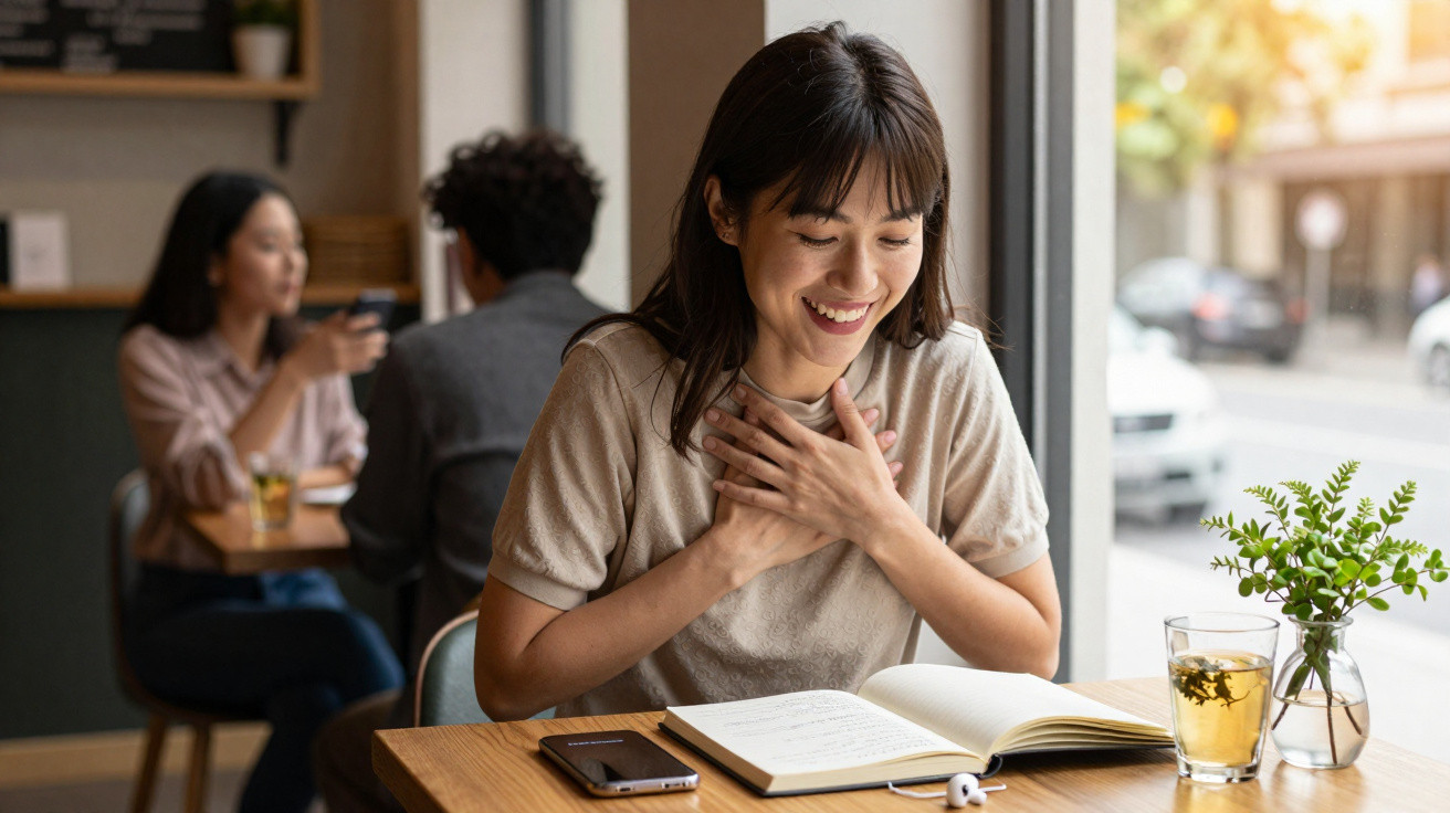 Mulher sentada numa mesa com livro aberto e chá, sorrindo emocionada num café com outras pessoas ao fundo.