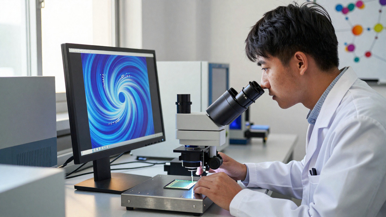 Cientista a observar através de microscópio num laboratório com monitor a mostrar imagem spiral azul.