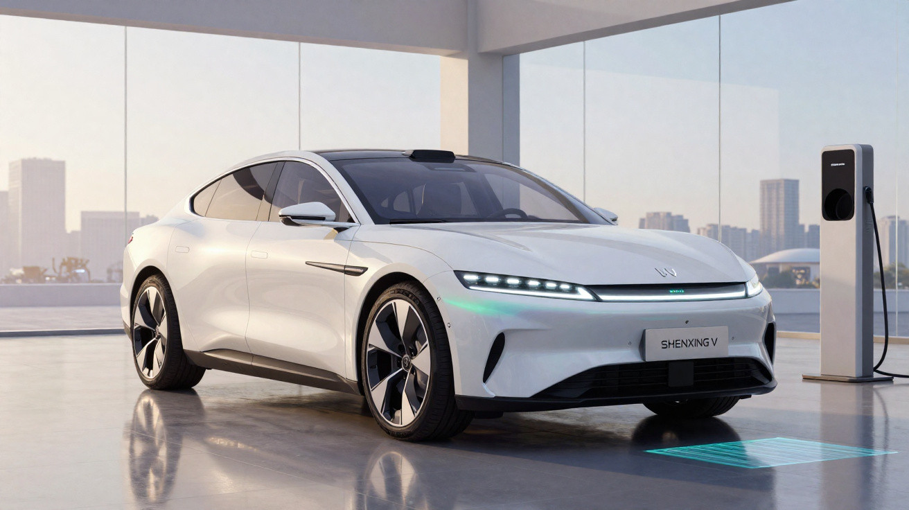 Carro elétrico branco Shenxing V estacionado em espaço moderno com carregador ao lado e vista urbana ao fundo.