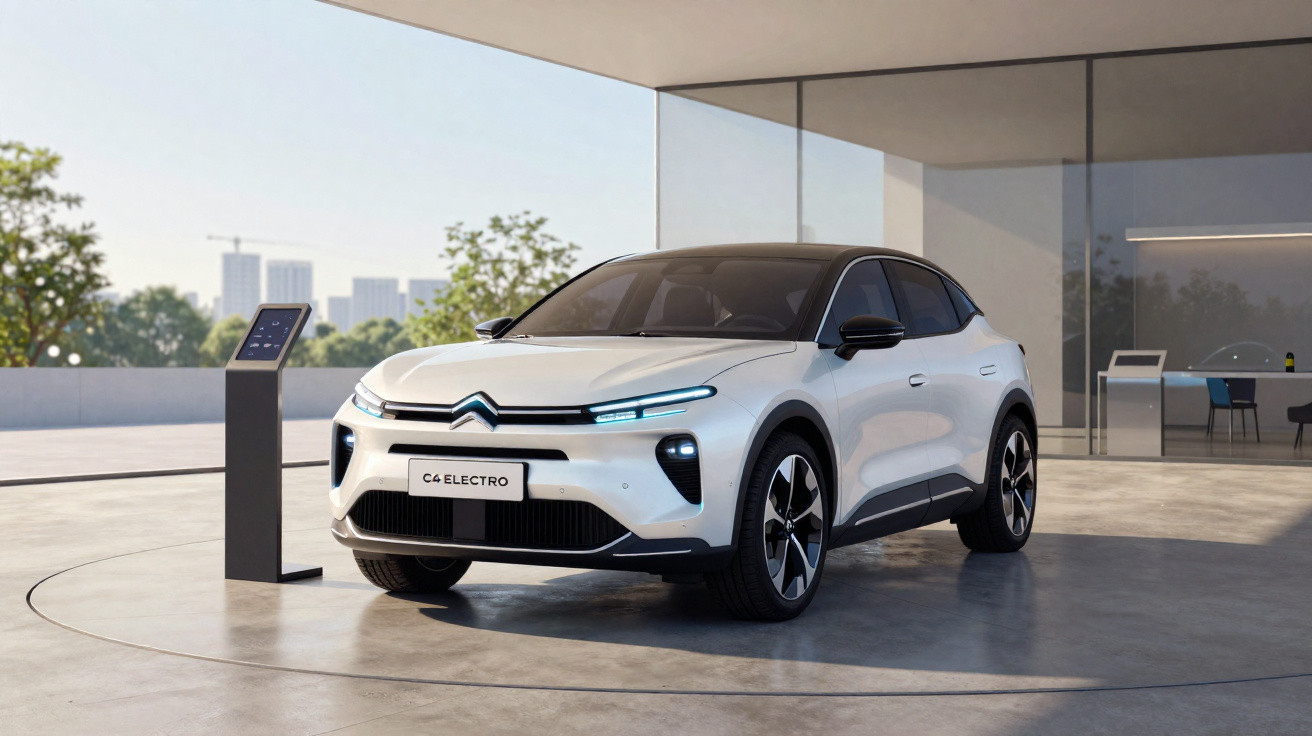 Carro eléctrico branco Citroën C4 Electro estacionado em plataforma giratória junto a posto de carregamento.