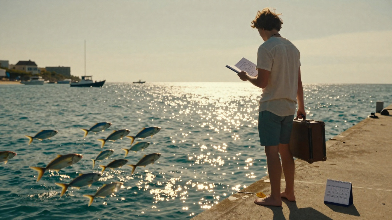 Jovem de pé numa doca com mala, lendo um caderno, enquanto peixes saltam sobre o mar ao pôr do sol.
