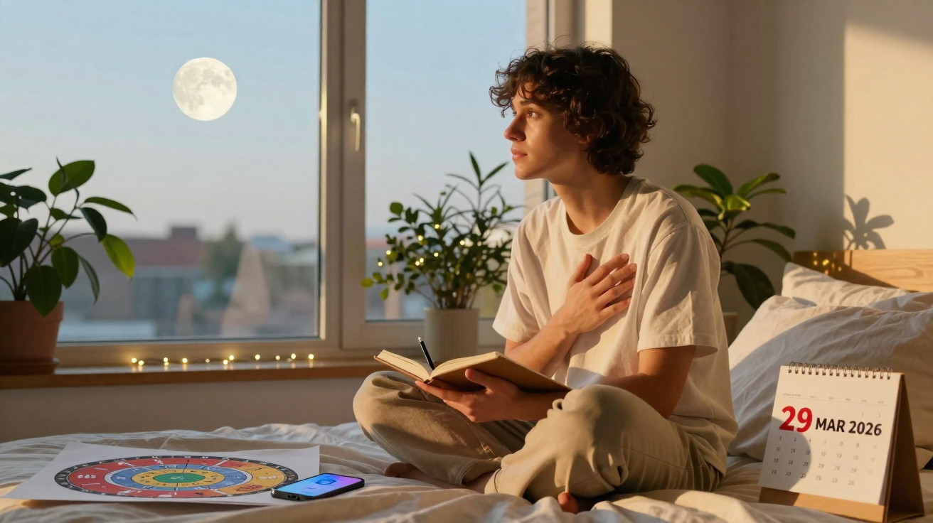 Jovem sentado na cama com um caderno, olhando pela janela para a lua cheia ao entardecer.