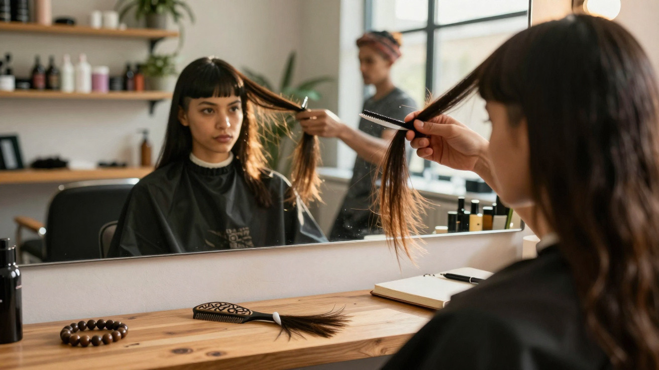 Jovem sentada no cabeleireiro a cortar o cabelo, refletida no espelho, com profissional a segurar uma madeixa.