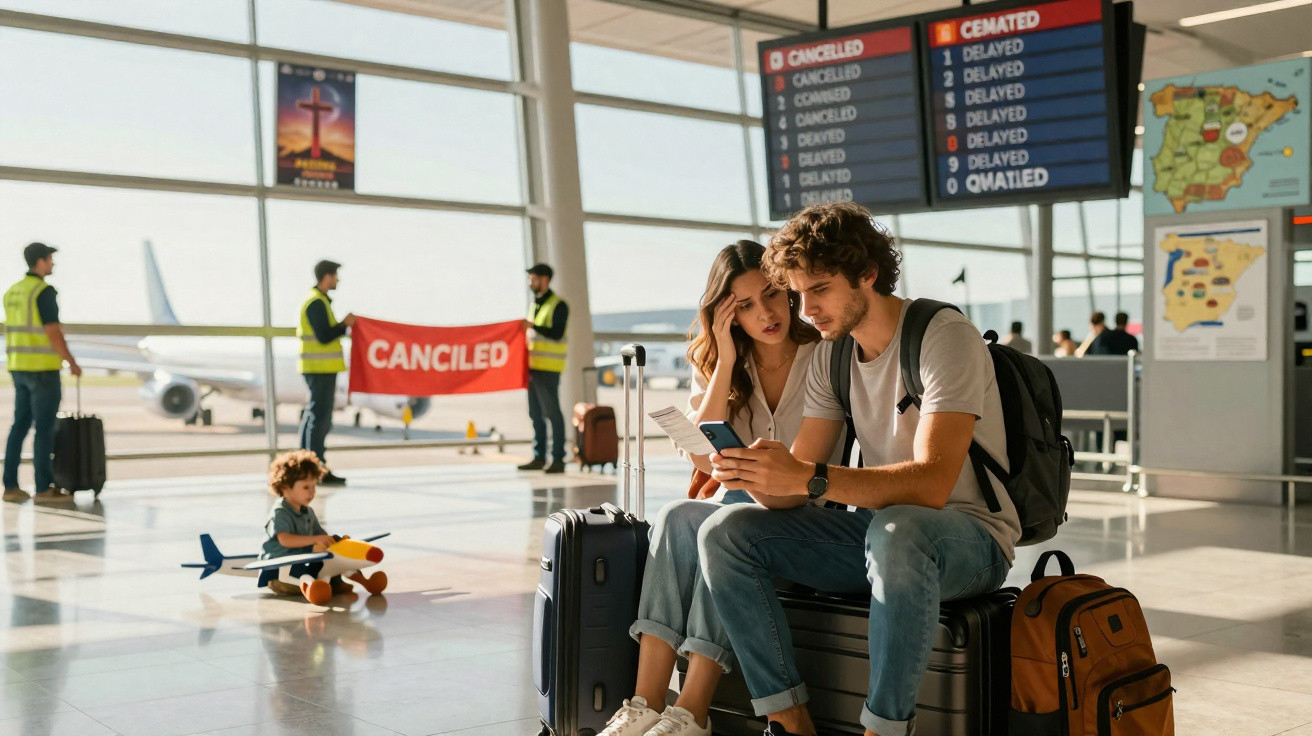Casal preocupado sentado no aeroporto com voos cancelados no écran e criança a brincar com avião de brinquedo.